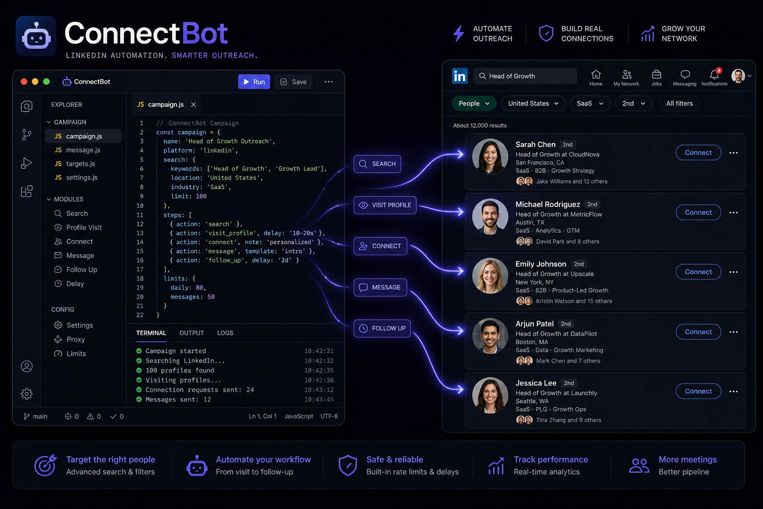 ConnectBot running inside Cursor IDE automating LinkedIn outreach