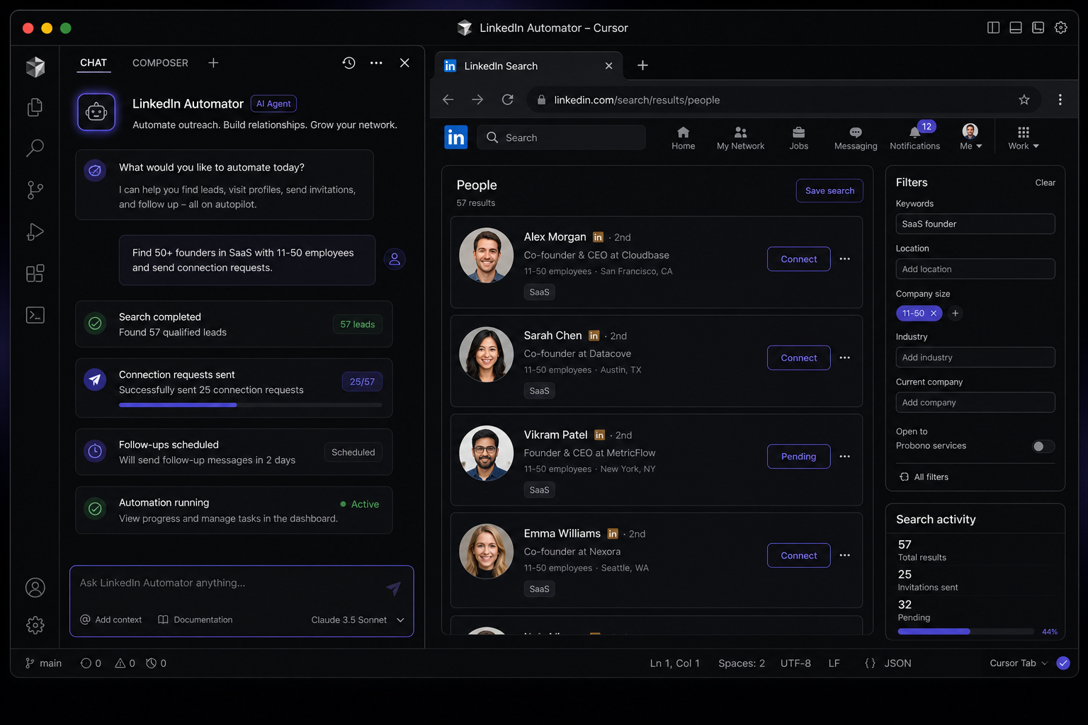 ConnectBot running inside Cursor IDE with LinkedIn browser